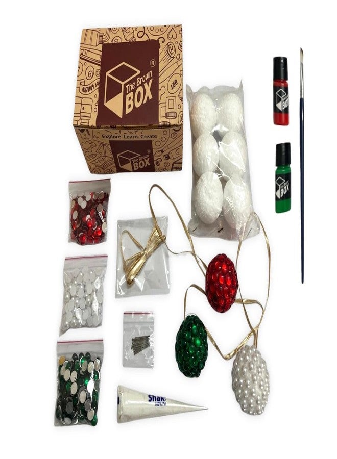 The brown box العلبة البنية - اصنع بنفسك زينة أحجار الراين - مجموعة من 6 قطع - أشغال يدوية للأطفال - زينة شجرة عيد الميلاد - جميع المواد متضمنة، أخضر، أحمر، فضي - Image 1